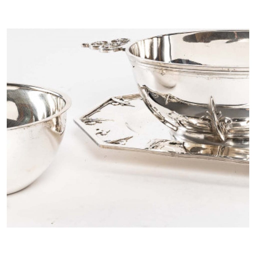CARDEILHAC – SAUCIÈRE SUR SON PLATEAU EN ARGENT MASCARONS XXème 5