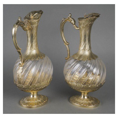 GUSTAVE ODIOT – PAIR OF CRYSTAL AND VERMEIL EWERS CIRCA 1870/1880