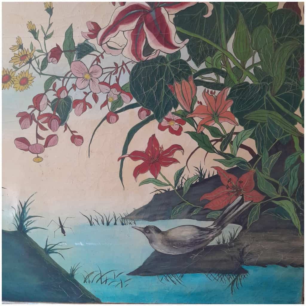 Oil on canvas, Lilies and kingfishers, naive art, 5th century XNUMX