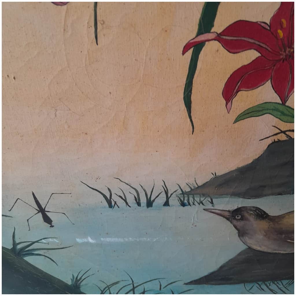 Oil on canvas, Lilies and kingfishers, naive art, 9th century XNUMX