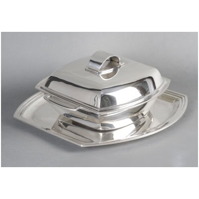 CHRISTOFLE – MODERNIST TUNER ON ITS ART DECO STERLING SILVER TRAY