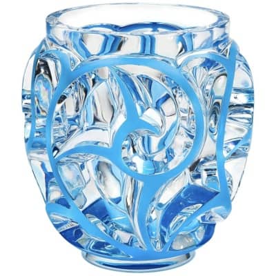 Cristal Lalique ,Vase « tourbillon « Emaillé Bleu. »