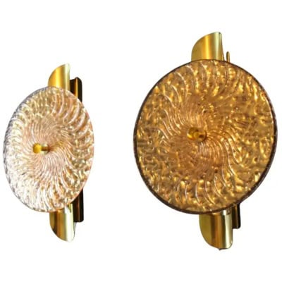 Disc-shaped pink and gold Murano glass sconces