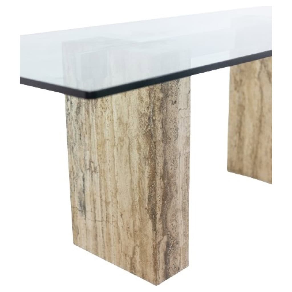 Console, ou bureau, en verre et travertin. Années 1980. LS5849657C 7