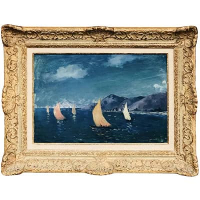 COSSON Marcel Peinture 20è siècle Voiliers en bord de mer Huile sur panneau signée Certificat d’authenticité.