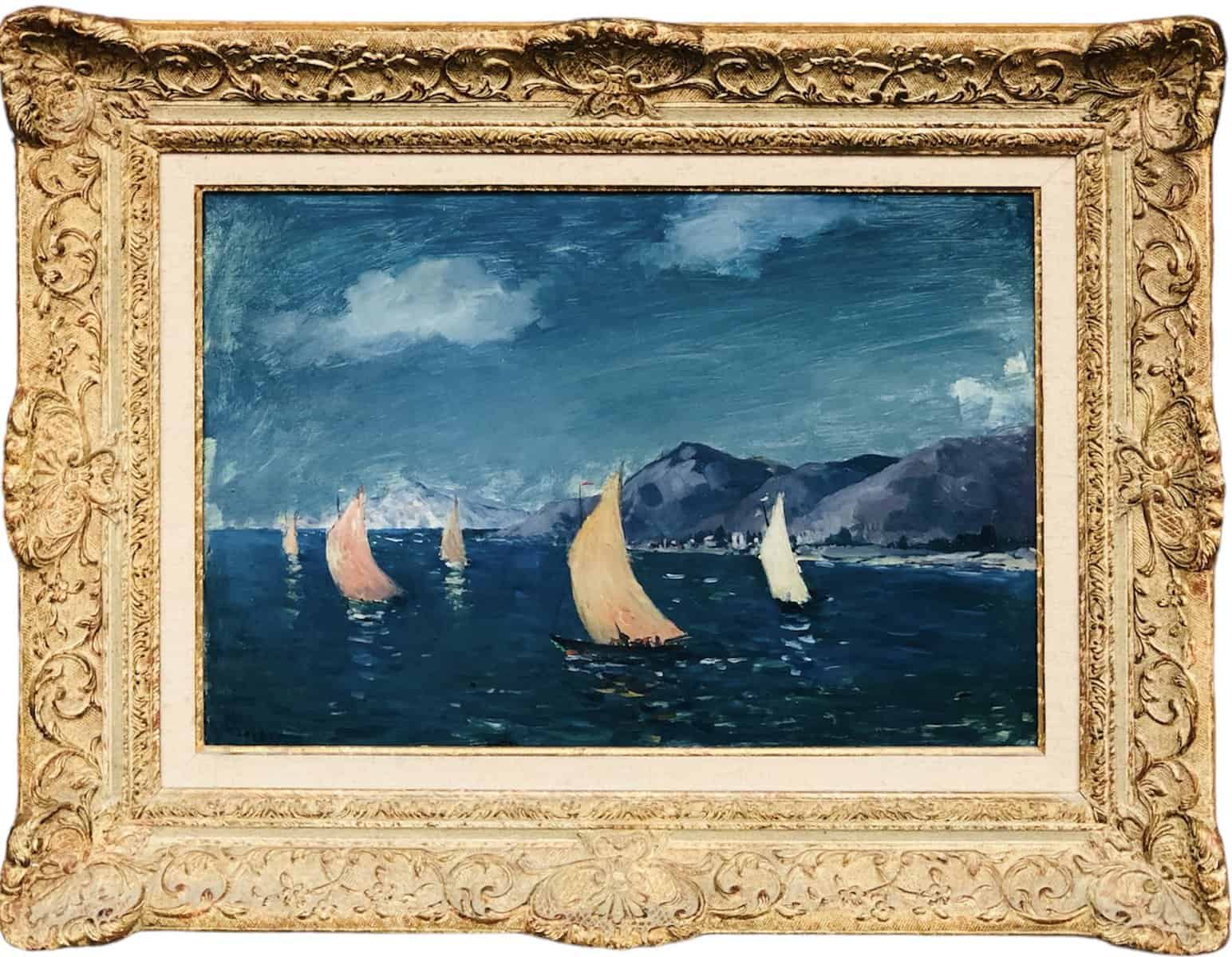 COSSON Marcel Painting 20th century Sailboats by the sea Oil on panel signed Certificate of authenticity.