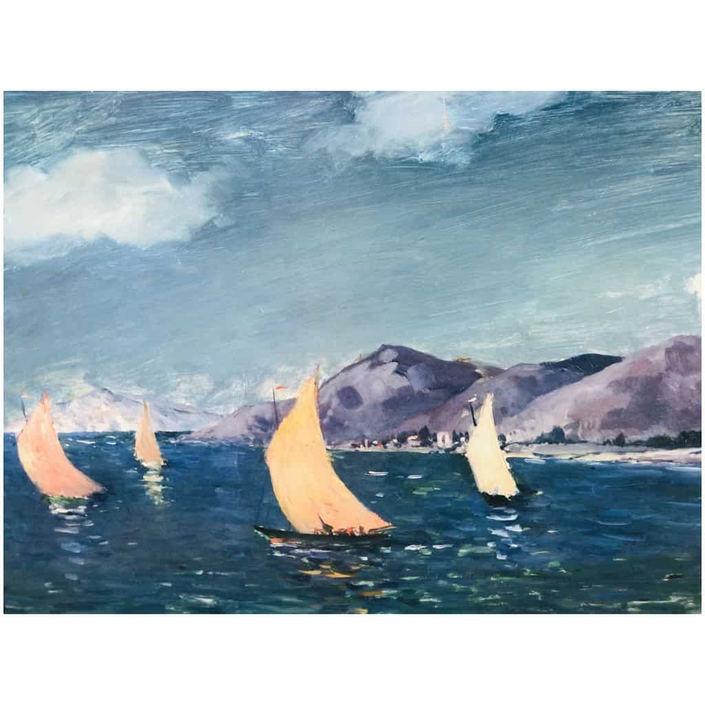 COSSON Marcel Peinture 20è siècle Voiliers en bord de mer Huile sur panneau signée Certificat d’authenticité. 5