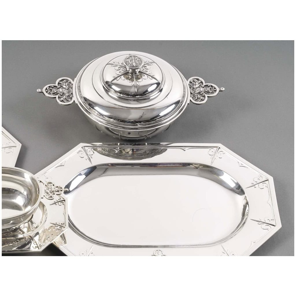 CARDEILHAC – GARNITURE DE TABLE « RENAISSANCE » MASCARON ARGENT FIN XIXÈ 52