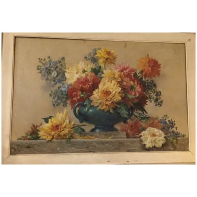 LARGE PAINTING H/T bouquet of dahlias, by Gilbert Darpy. Sign