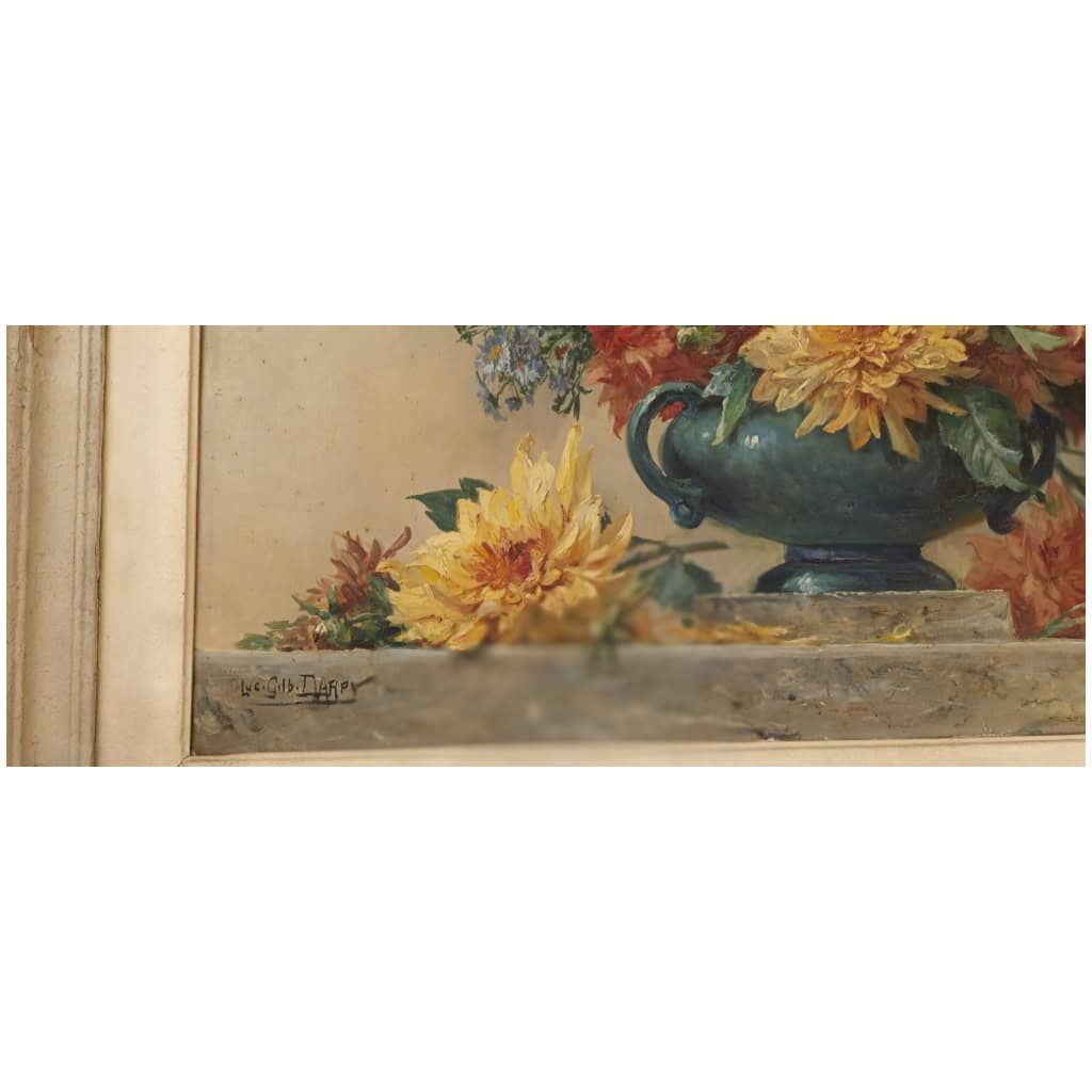 GRAND TABLEAU H/T bouquet de dahlias, par Gilbert Darpy. Signé 8