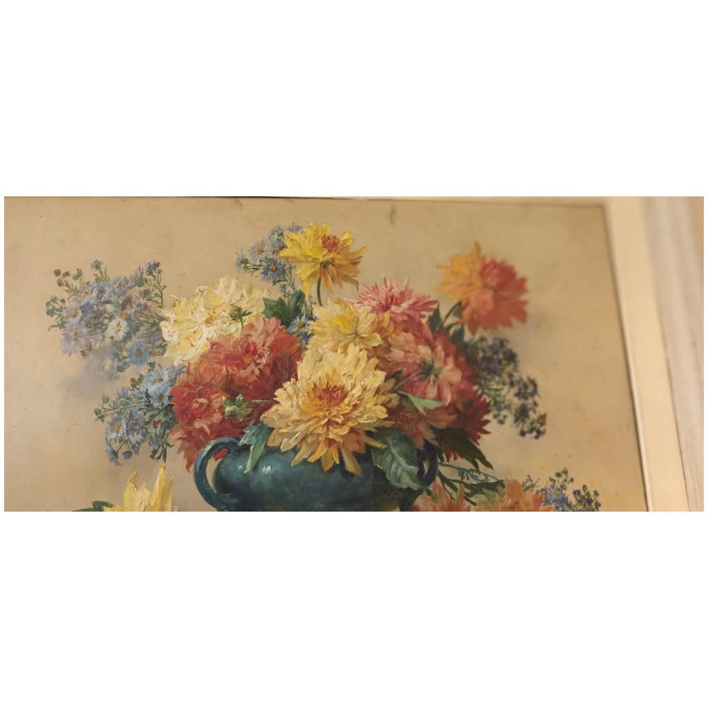 GRAND TABLEAU H/T bouquet de dahlias, par Gilbert Darpy. Signé 7