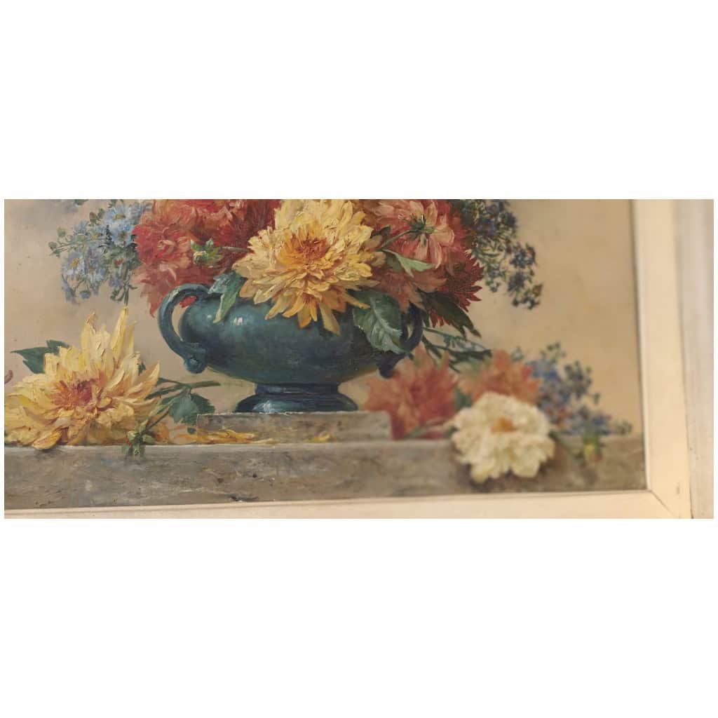 GRAND TABLEAU H/T bouquet de dahlias, par Gilbert Darpy. Signé 6