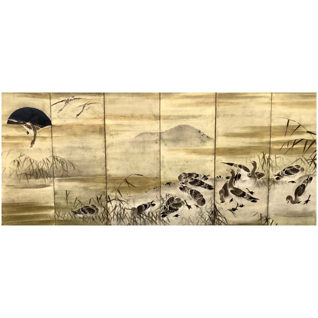 Paire de paravents japonais à 6 panneaux à décor d’aigrettes et oies 4