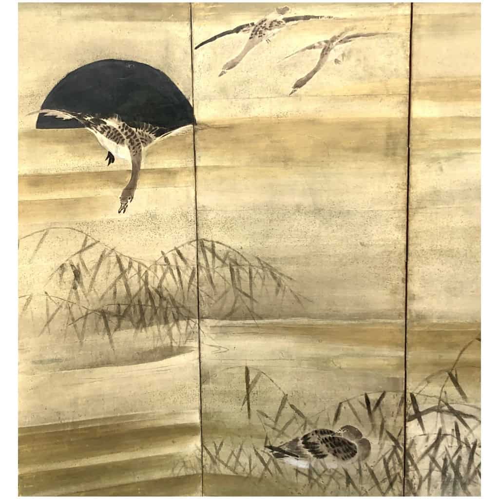 Paire de paravents japonais à 6 panneaux à décor d’aigrettes et oies 10