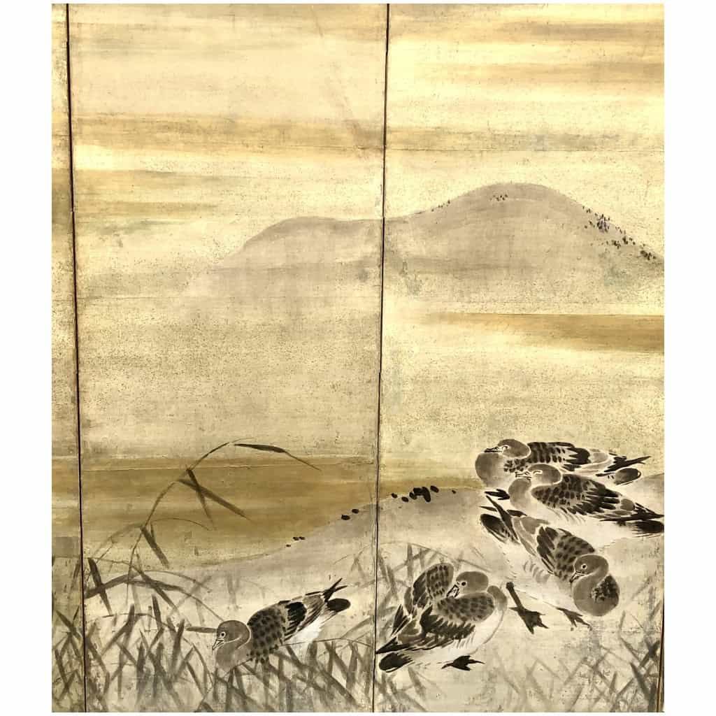Paire de paravents japonais à 6 panneaux à décor d’aigrettes et oies 9