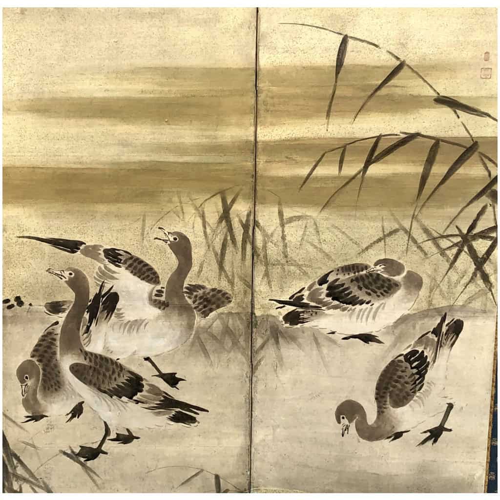 Paire de paravents japonais à 6 panneaux à décor d’aigrettes et oies 8