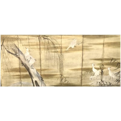 Paire de paravents japonais à 6 panneaux à décor d’aigrettes et oies 3