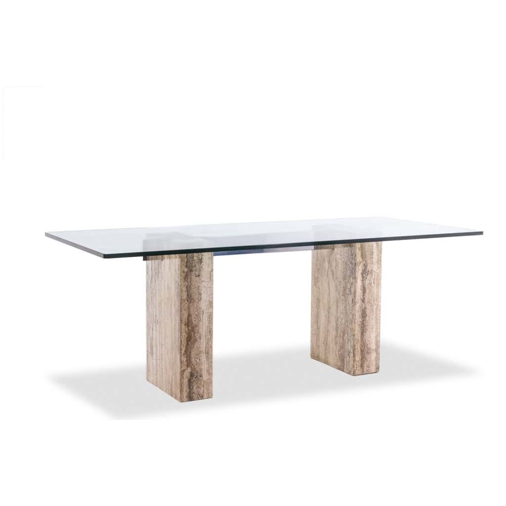 Console, ou bureau, en verre et travertin. Années 1980. LS5849657C 11