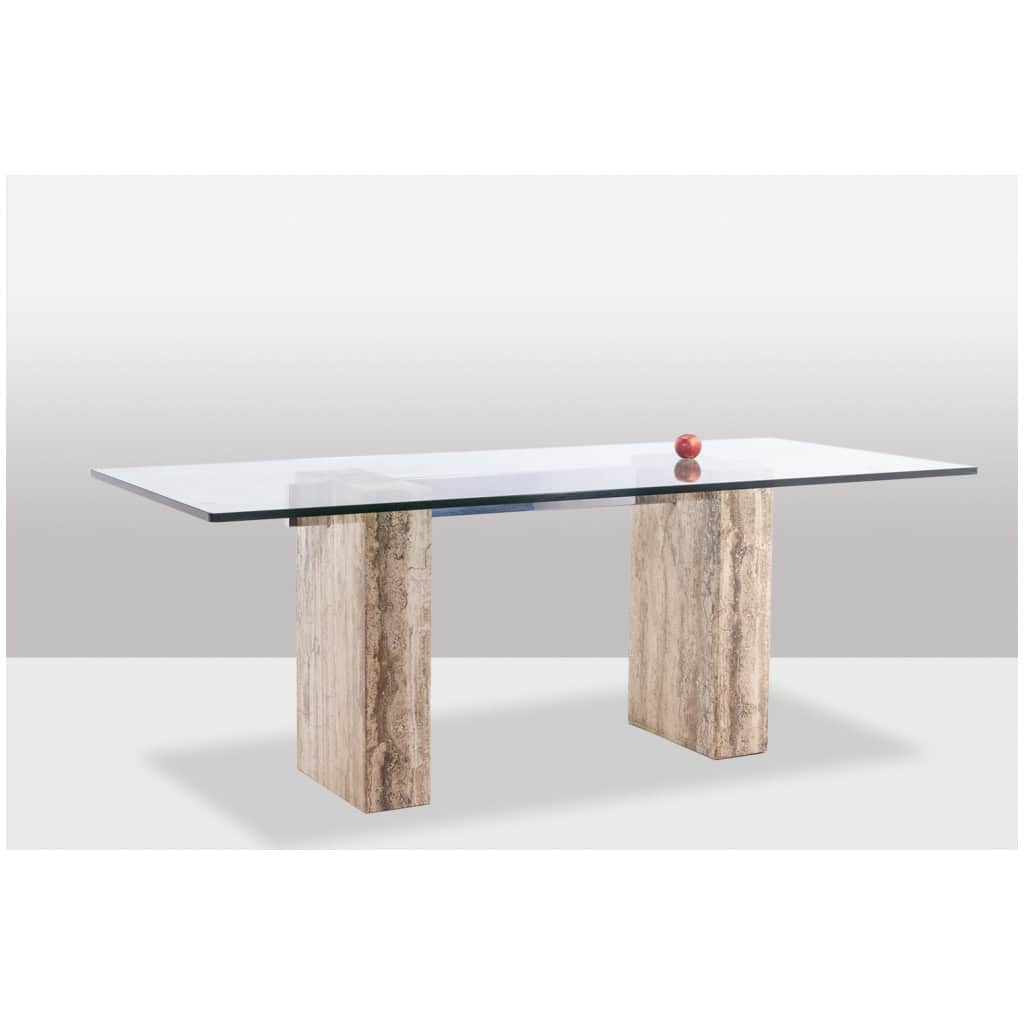 Console, ou bureau, en verre et travertin. Années 1980. LS5849657C 10