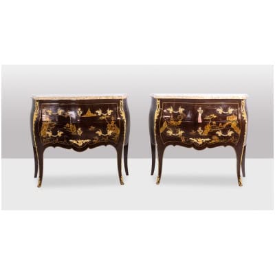 Pair of Louis XV style chests of drawers in lacquer and bronze. 1950s. 3