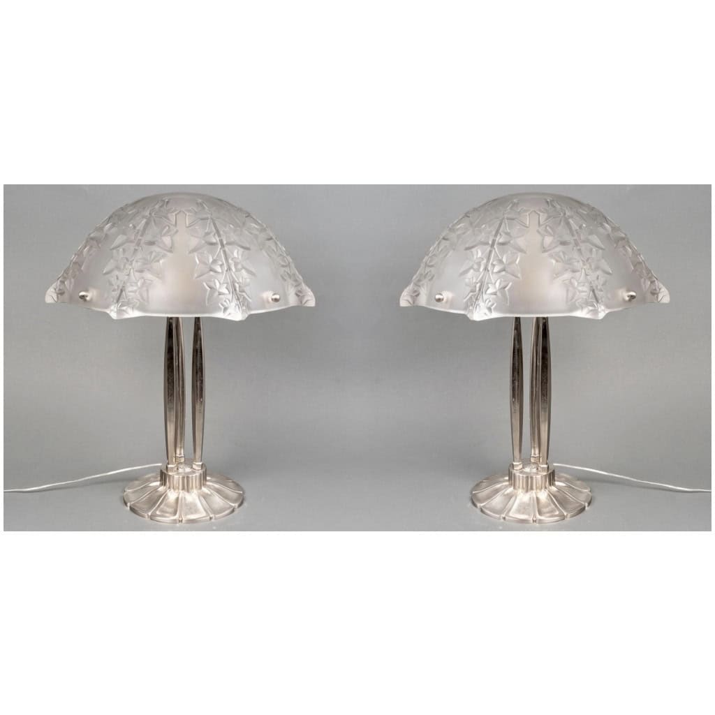 1927 René Lalique – Paire De Lampes Lierre Verre Blanc Bonze Nickelé 3