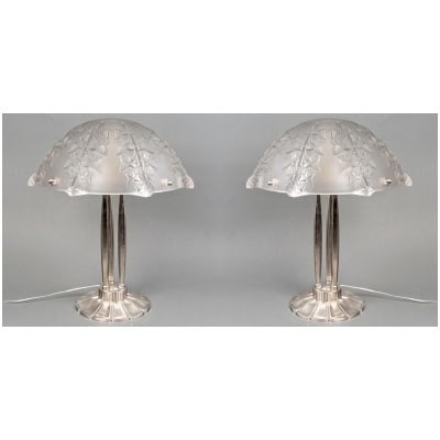 1927 René Lalique – Paire De Lampes Lierre Verre Blanc Bonze Nickelé