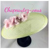 Brigantia Hat – pale green sisal hat decorated with pink organza flowers and a pale green rake – Hat 6