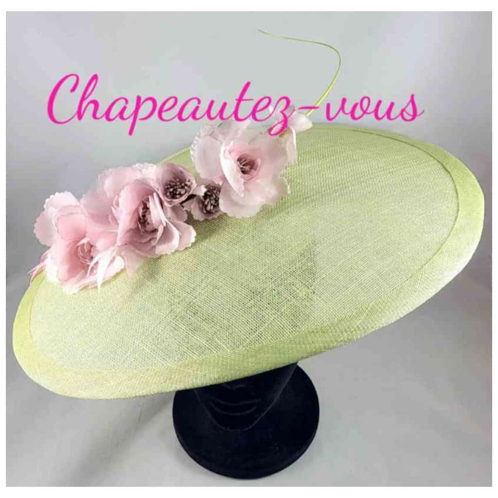 Brigantia Hat – pale green sisal hat decorated with pink organza flowers and a pale green rake – Hat 4