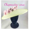 Brigantia Hat – pale green sisal hat decorated with pink organza flowers and a pale green rake – Hat 5