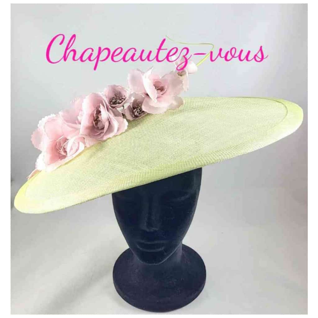 Brigantia Hat – pale green sisal hat decorated with pink organza flowers and a pale green rake – Hat 3