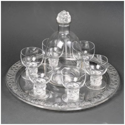 1931 René Lalique – Service Thomery Verre Blanc – 6 Verres, 1 Carafe, 1 Plateau