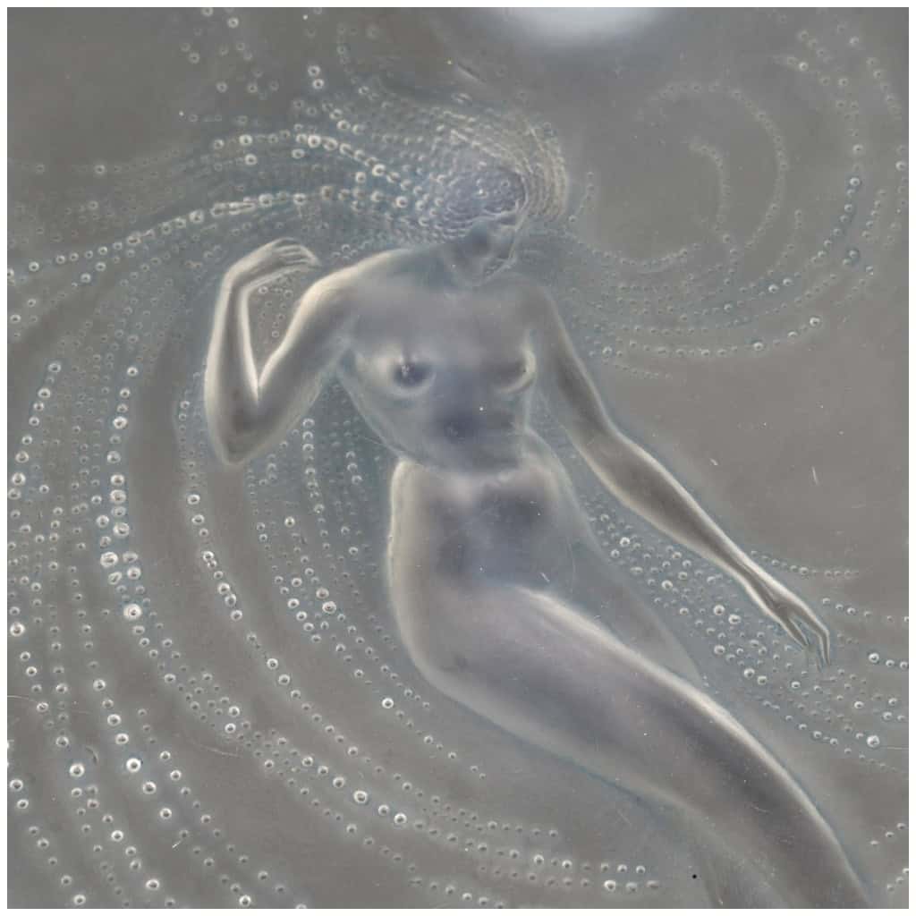 1920 René Lalique – Coupe Trépied Sirène Verre Opalescent Patiné Bleu 9