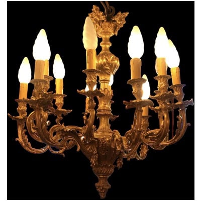 Lustre 19è siècle de style rocaille Louis XV époque Napoleon III Suspension en Bronze Doré 12 Lumières 3