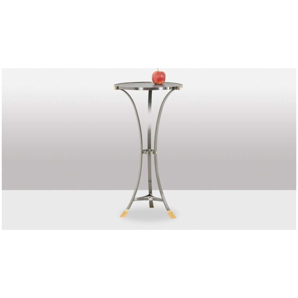Guéridon « Canabas » en cuir patiné, acier, et laiton doré. Contemporain. LS59502209H 12