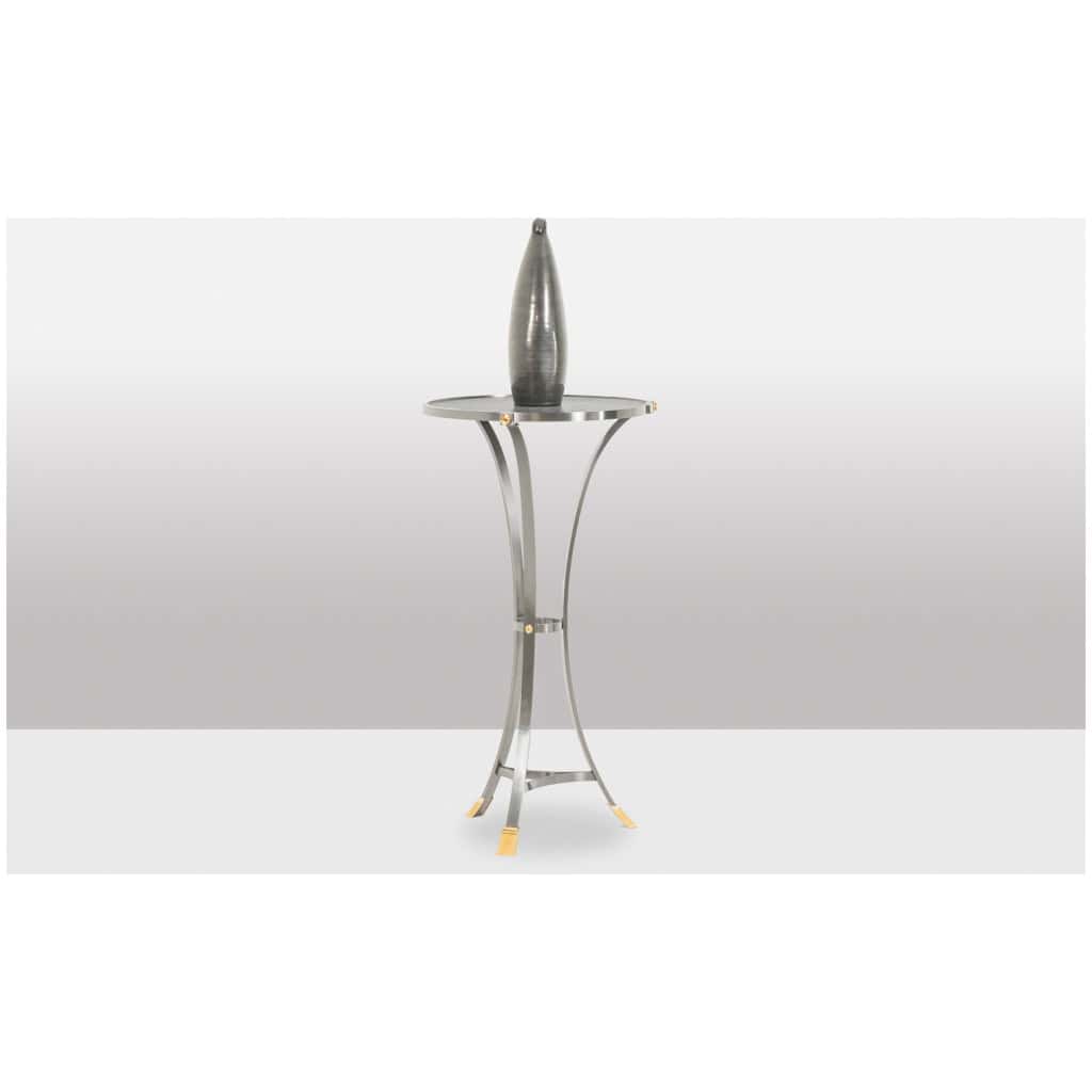 Guéridon « Canabas » en cuir patiné, acier, et laiton doré. Contemporain. LS59502209H 11