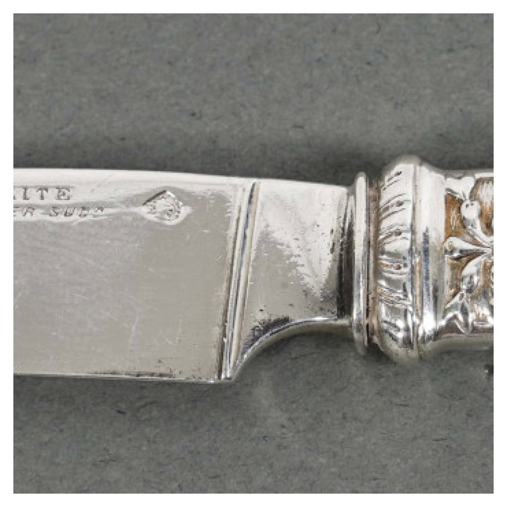 ORFÈVRE MERITE – ENSEMBLE DE 36 COUTEAUX EN NACRE ET ARGENT FIN XIXE 14
