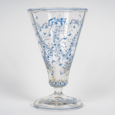 Emile Gallé – Vase Cornet Verre Emaillé Bleu Et Blanc Libellules Et Fleurs