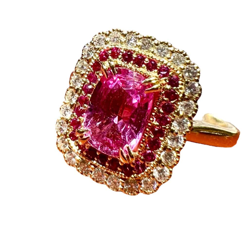 Bague Saphir rose 1.31 carat environ entouré pavage diamants et saphirs roses 9