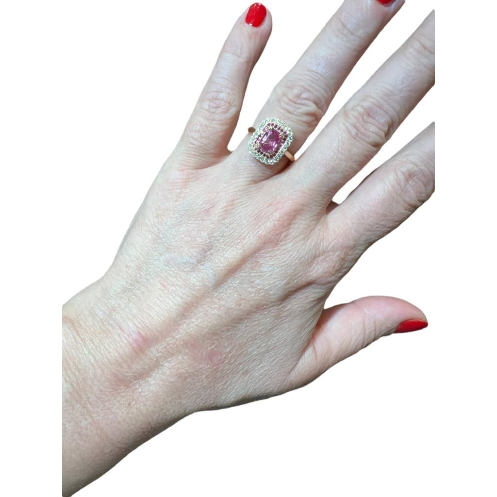 Bague Saphir rose 1.31 carat environ entouré pavage diamants et saphirs roses 5