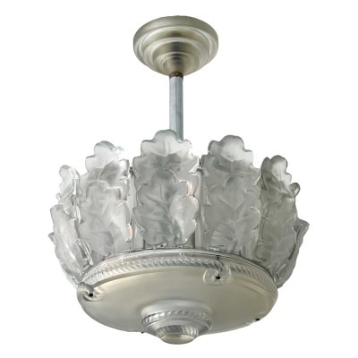 1951 Marc Lalique – Lustre Suspension Chêne Cristal Blanc