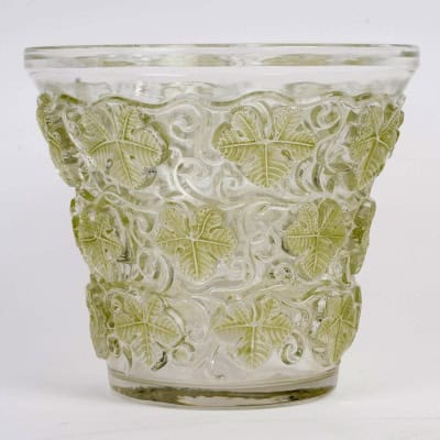 1938 René Lalique – Vase Seau à Champagne Reims Verre Blanc Patiné Vert