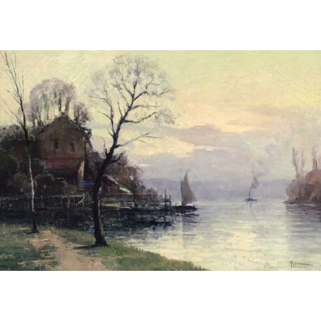 HENOCQUE Narcisse Peinture 20è siècle Les Bords De Seine à Rouen Huile Toile Signée Certificat d’authenticité 5