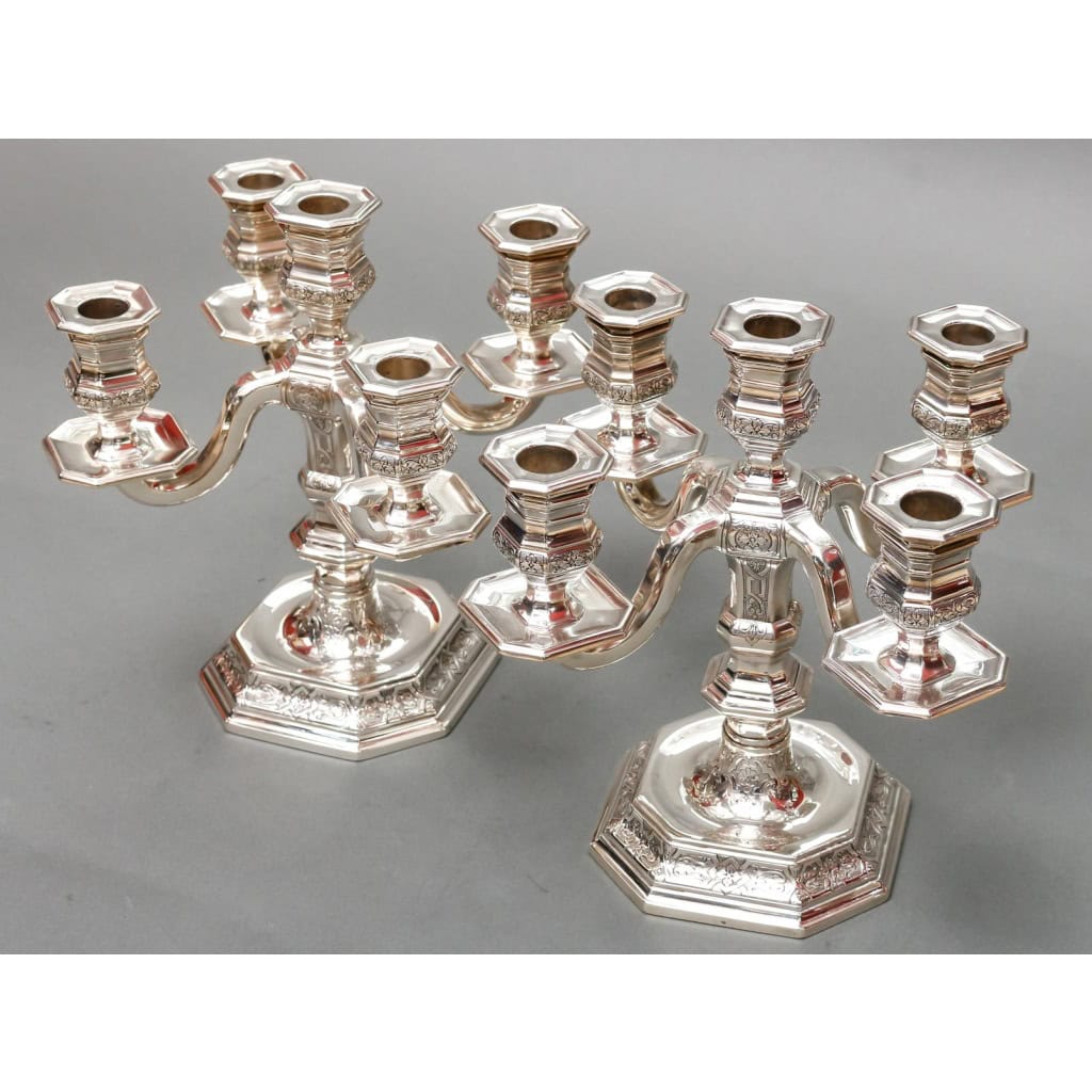 TETARD Frères – Paire de candélabres bas en argent massif circa 1930 17