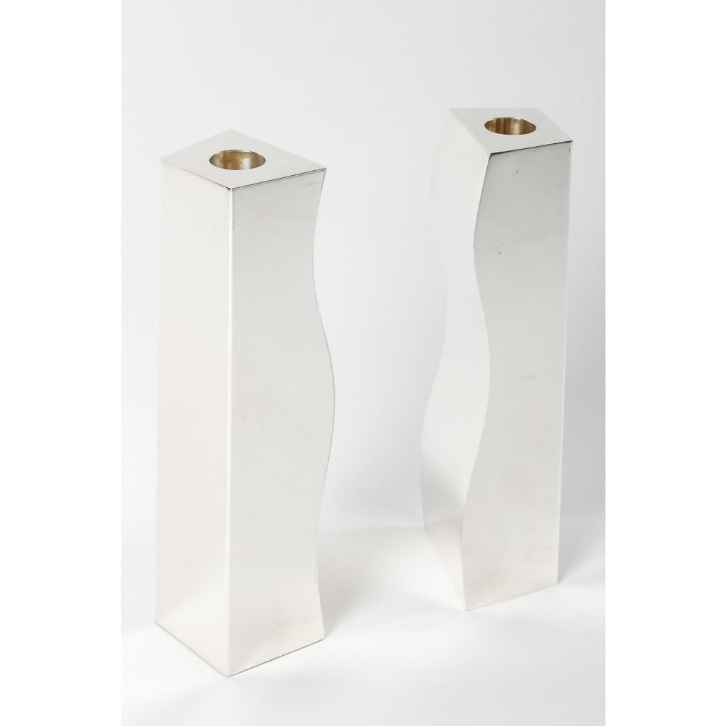 D. GARRIDO – Pair of solid silver candlesticks, constructivism, 7th century XNUMX