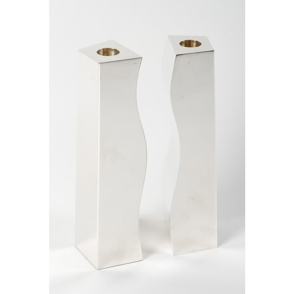 D. GARRIDO – Pair of solid silver candlesticks, constructivism, 9th century XNUMX