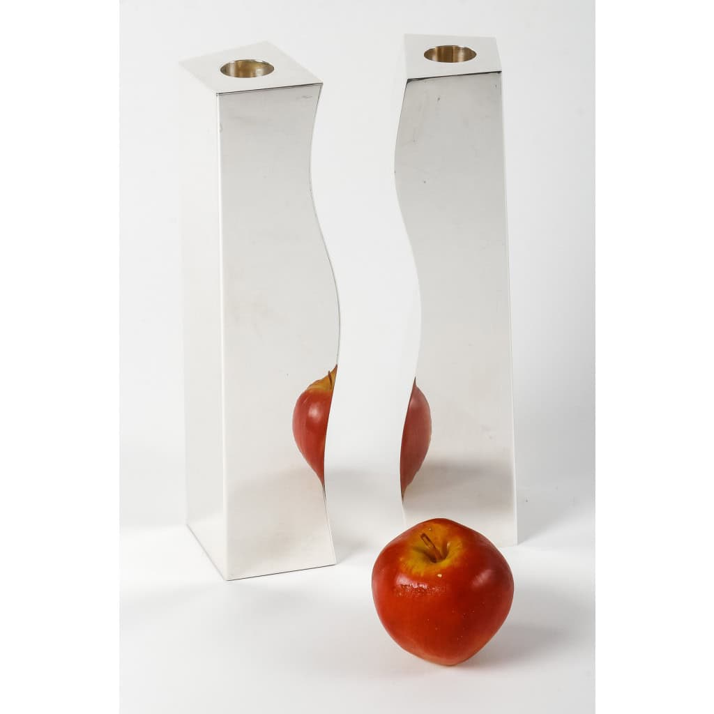 D. GARRIDO – Pair of solid silver candlesticks, constructivism, 10th century XNUMX