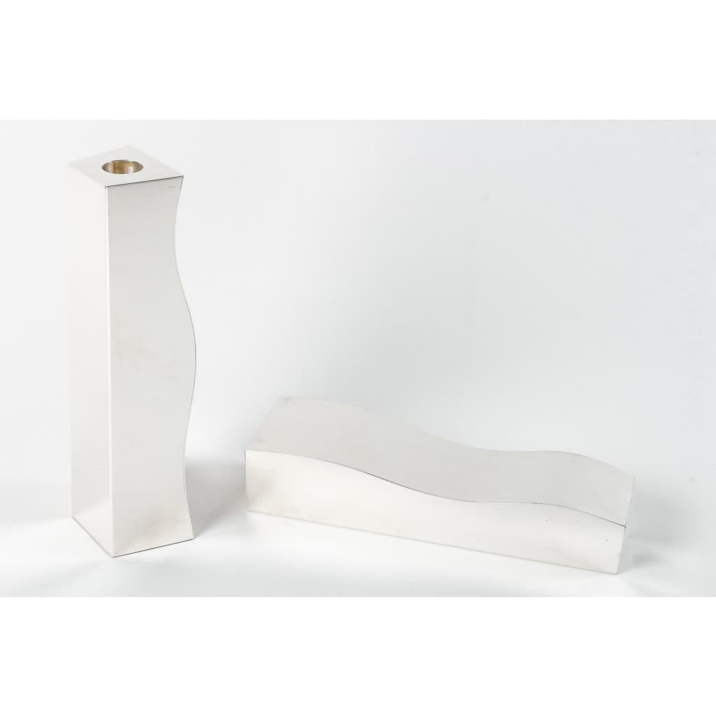 D. GARRIDO – Pair of solid silver candlesticks, constructivism, 11th century XNUMX