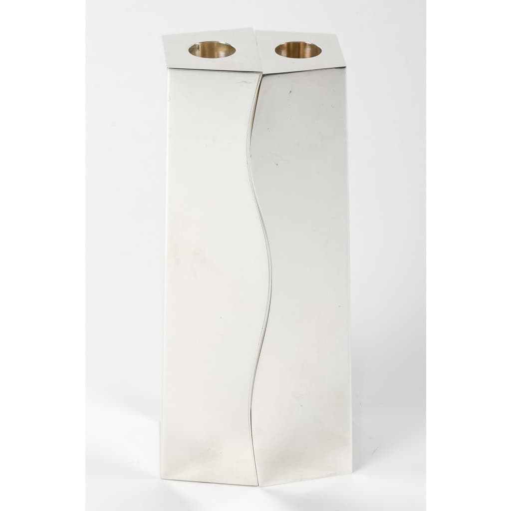 D. GARRIDO – Pair of solid silver candlesticks, constructivism, 12th century XNUMX