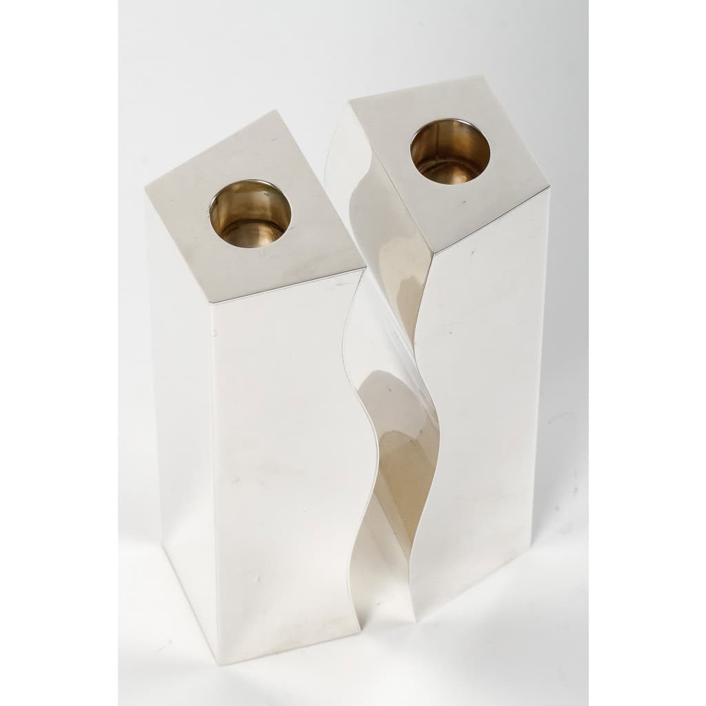 D. GARRIDO – Pair of solid silver candlesticks, constructivism, 14th century XNUMX