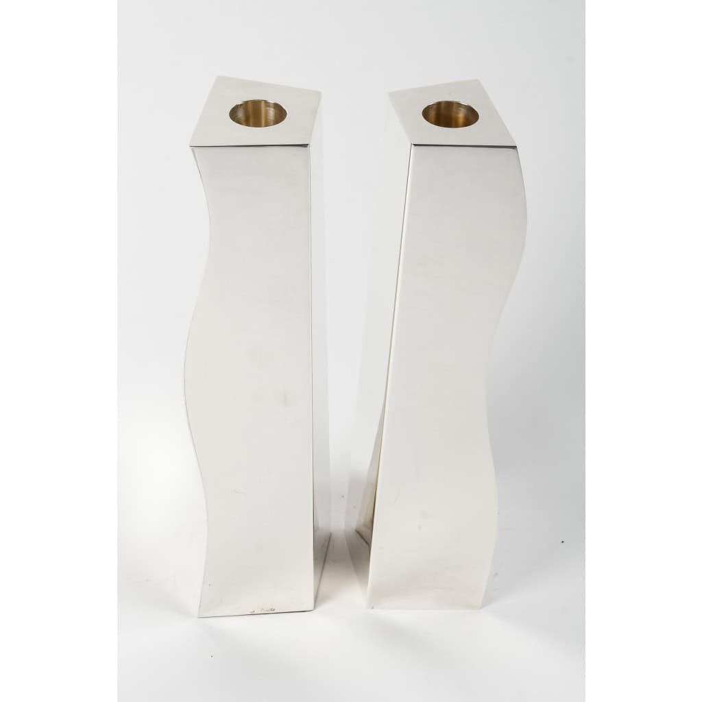 D. GARRIDO – Pair of solid silver candlesticks, constructivism, 15th century XNUMX